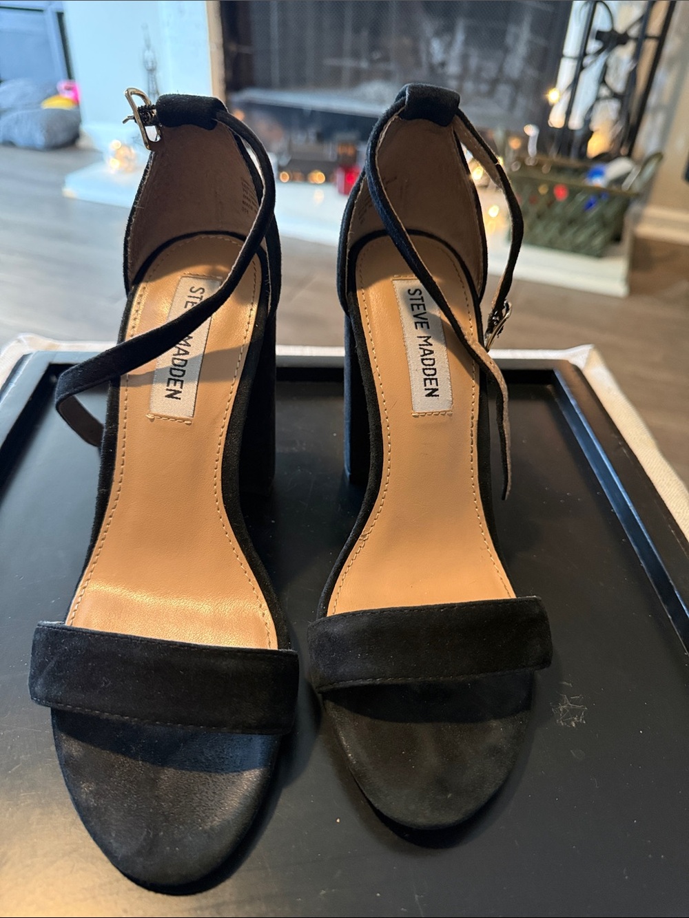Steve Madden Black Suede Ankle-Strap Block Heels